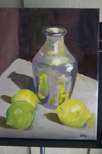 Silver vase and lemons 11x14